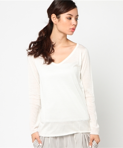 AZUL by moussy（アズールバイマウジー）の「E/A/N/WハイゲージメランジV/N長袖PO（ニット/セーター・レディース・トップグレー/ピンク/ブルー/ダークインディゴブルー/イエロー/オフホワイト・MEDIUM/LARGE/SMALL）」の2枚目の写真