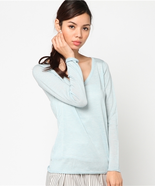 AZUL by moussy（アズールバイマウジー）の「E/A/N/WハイゲージメランジV/N長袖PO（ニット/セーター・レディース・トップグレー/ピンク/ブルー/ダークインディゴブルー/イエロー/オフホワイト・MEDIUM/LARGE/SMALL）」の4枚目の写真