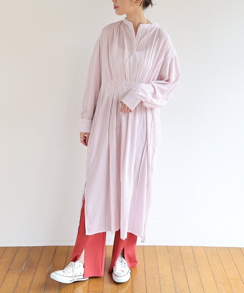 andme(アンドミー)の「楊柳長袖カラーストライプワンピース(ワンピース・レディース・ホワイト×ネイビー/ホワイト×ピンク/ベージュ系・M)」の8枚目の写真