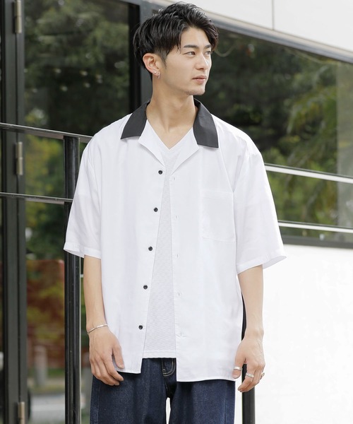 Beno(ビーノ)の「クレリックオープンカラー ドレープオーバーシャツ(シャツ/ブラウス・メンズ・ホワイト/ブラック/チャコールグレー/グレイッシュベージュ/ブルーグリーン/グレイッシュブルー・M/L)」の2枚目の写真