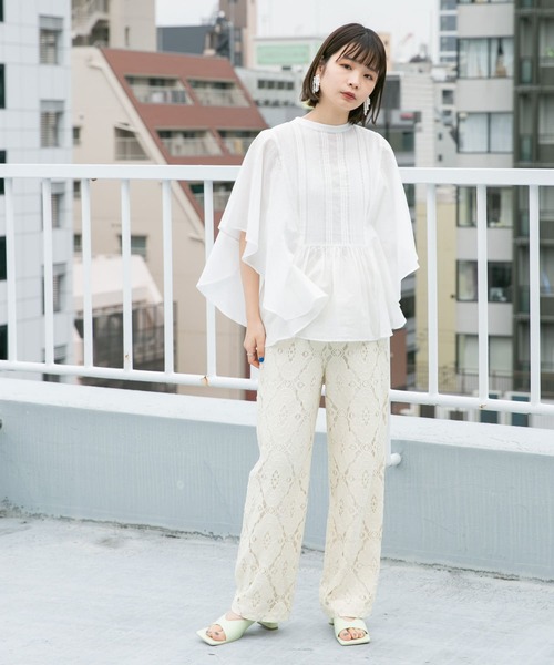 KBF（ケイビーエフ）の「ピンタックバタフライスリーブブラウス（シャツ/ブラウス・レディース・ブラック/オフホワイト/グリーン・ONE）」の8枚目の写真