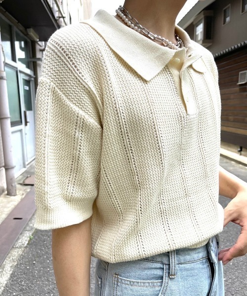 Chikashitsu +（チカシツプラス）の「【Chikashitsu +/チカシツプラス】summer knit polo/サマーニット ニットポロシャツ 半袖トップス 半袖ポロシャツ（ポロシャツ・メンズ・ネイビー/アイボリー/グリーン・ONE SIZE）」の10枚目の写真