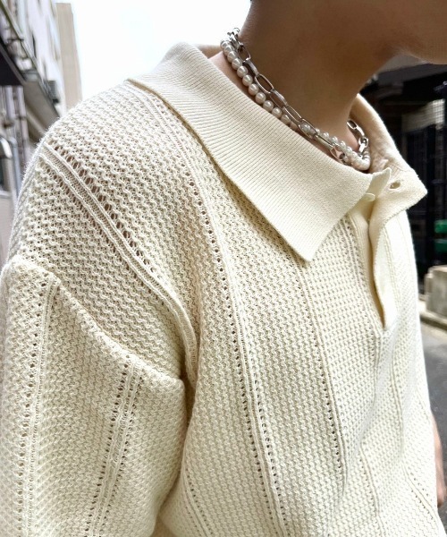 Chikashitsu +（チカシツプラス）の「【Chikashitsu +/チカシツプラス】summer knit polo/サマーニット ニットポロシャツ 半袖トップス 半袖ポロシャツ（ポロシャツ・メンズ・ネイビー/アイボリー/グリーン・ONE SIZE）」の9枚目の写真