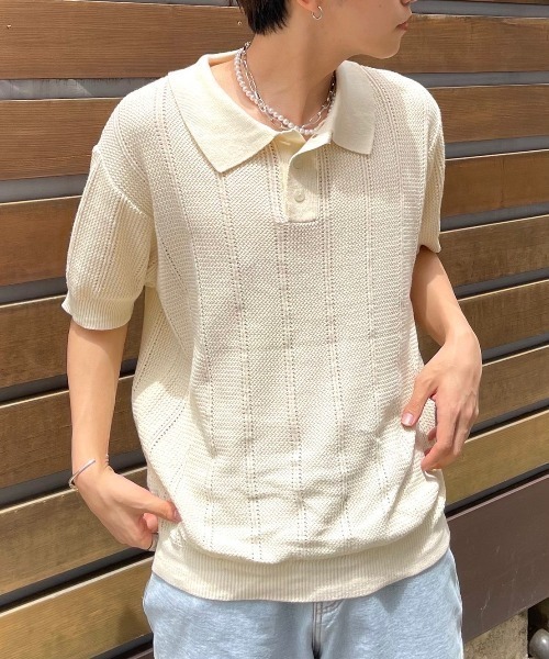 Chikashitsu +（チカシツプラス）の「【Chikashitsu +/チカシツプラス】summer knit polo/サマーニット ニットポロシャツ 半袖トップス 半袖ポロシャツ（ポロシャツ・メンズ・ネイビー/アイボリー/グリーン・ONE SIZE）」の14枚目の写真