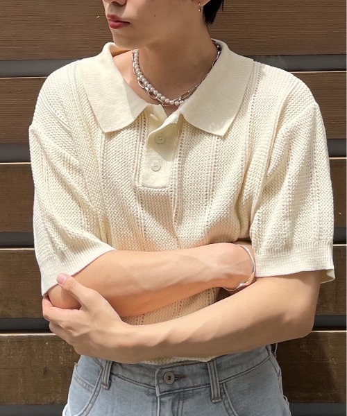 Chikashitsu +（チカシツプラス）の「【Chikashitsu +/チカシツプラス】summer knit polo/サマーニット ニットポロシャツ 半袖トップス 半袖ポロシャツ（ポロシャツ・メンズ・ネイビー/アイボリー/グリーン・ONE SIZE）」の11枚目の写真