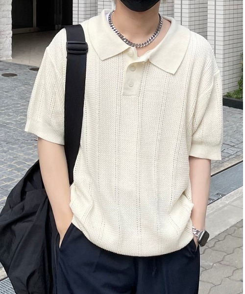 Chikashitsu +（チカシツプラス）の「【Chikashitsu +/チカシツプラス】summer knit polo/サマーニット ニットポロシャツ 半袖トップス 半袖ポロシャツ（ポロシャツ・メンズ・ネイビー/アイボリー/グリーン・ONE SIZE）」の17枚目の写真