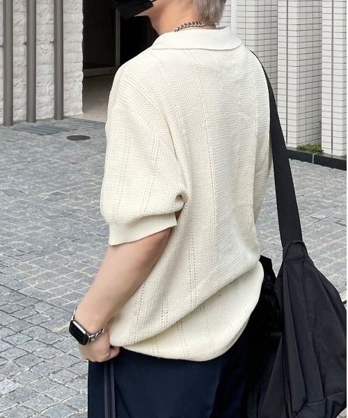 Chikashitsu +（チカシツプラス）の「【Chikashitsu +/チカシツプラス】summer knit polo/サマーニット ニットポロシャツ 半袖トップス 半袖ポロシャツ（ポロシャツ・メンズ・ネイビー/アイボリー/グリーン・ONE SIZE）」の18枚目の写真