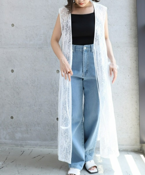 moment+（モーメントプラス）の「花柄刺しゅうコードレースロングジレ（ベスト・レディース・ナチュラル/オフホワイト・M）」の3枚目の写真