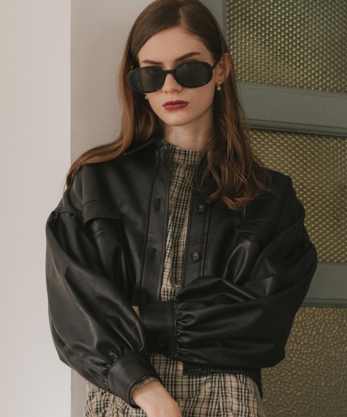 Cheek（チーク）の「レザーショートジャケット（ライダースジャケット・レディース・ブラック/ブラウン/グリーン・MEDIUM）」の2枚目の写真