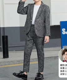 キッズ セットアップスーツ 長袖グレンチェックジャケット+パンツ+王冠コサージュ 3点セット