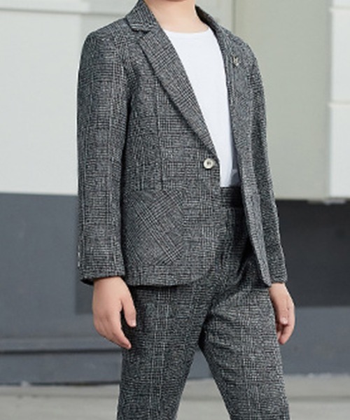 DAY CLOSET（デイ クローゼット）の「キッズ セットアップスーツ 長袖グレンチェックジャケット+パンツ+王冠コサージュ 3点セット（セットアップ・キッズ・グレー・100cm/130cm/140cm/150cm/110cm/120cm）」の3枚目の写真