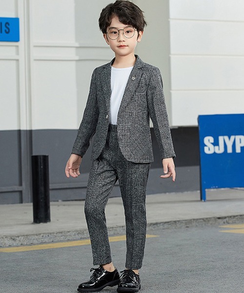 DAY CLOSET（デイ クローゼット）の「キッズ セットアップスーツ 長袖グレンチェックジャケット+パンツ+王冠コサージュ 3点セット（セットアップ・キッズ・グレー・100cm/130cm/140cm/150cm/110cm/120cm）」の6枚目の写真