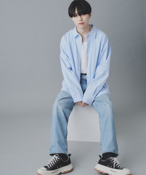 EDEL（エーデル）の「EDEL - ドロップショルダーリラックスストライプシャツ（シャツ/ブラウス・メンズ・ホワイト/グリーン/ブルー・MEDIUM/LARGE）」の7枚目の写真