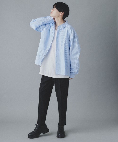 メンズ ストライプシャツ 長袖シャツ ドロップショルダー O00506 ストライプシャツ メンズ 長袖 レギュラーカラー ゆったり 定番