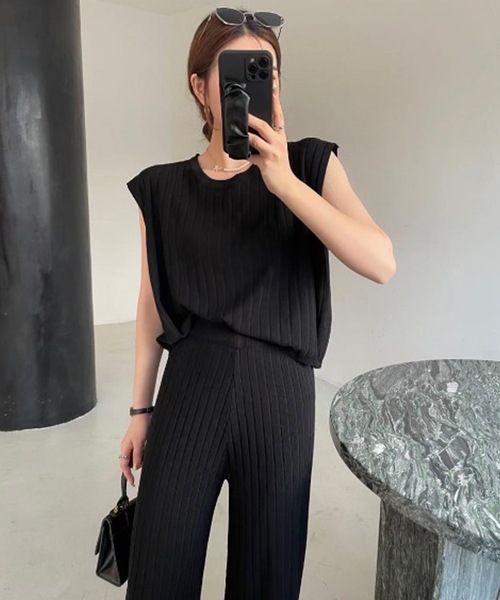 LUGG NAGG(ラグナグ)の「リブニットフレンチスリーブ&パンツセットアップ(セットアップ・レディース・ブラック/アイボリー/モカ・M)」の6枚目の写真