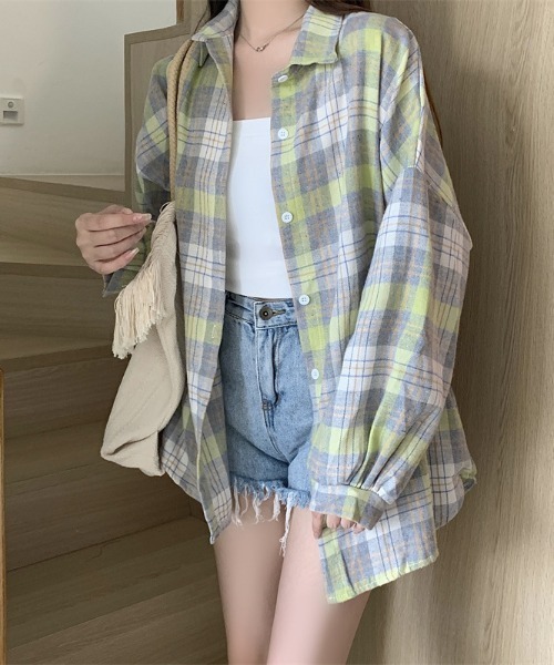 FREE STYLISTS(フリー スタイリスト)の「YUGA_YGMC ボリュームスリーブ チェック柄シャツブラウス(シャツ/ブラウス・レディース・イエロー/グリーン/ブルー/ブラック/ベビーピンク・FREE)」の1枚目の写真