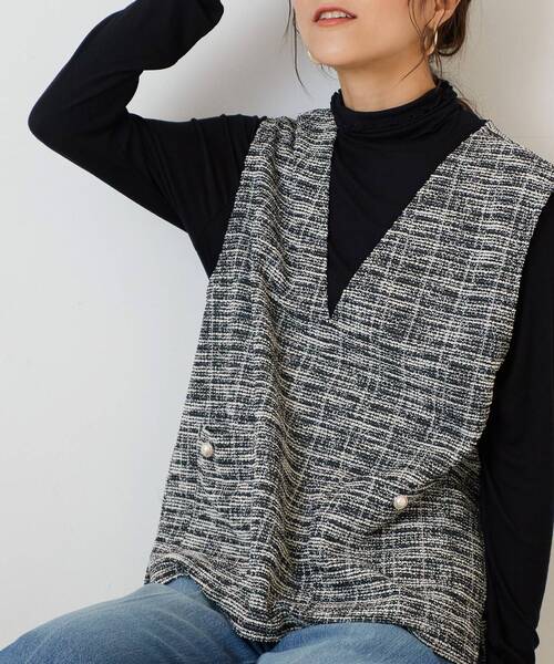 DRESKIP（ドレスキップ）の「◆インしない派さんの 上品 カットツイード Vネックベスト（ベスト・レディース・ブラック/ベージュ系その他2/ブラック系3・02/03）」の2枚目の写真