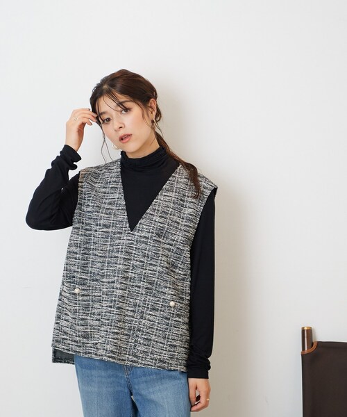 DRESKIP（ドレスキップ）の「◆インしない派さんの 上品 カットツイード Vネックベスト（ベスト・レディース・ブラック/ベージュ系その他2/ブラック系3・02/03）」の9枚目の写真