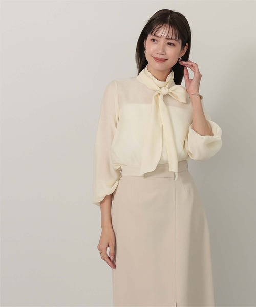 UR'S(ユアーズ)の「ボウタイ付シアーハイネックブラウス(シャツ/ブラウス・レディース・ネイビー/ライトピンク/ホワイト/ベージュ/ストライプ・S/M/L)」の9枚目の写真