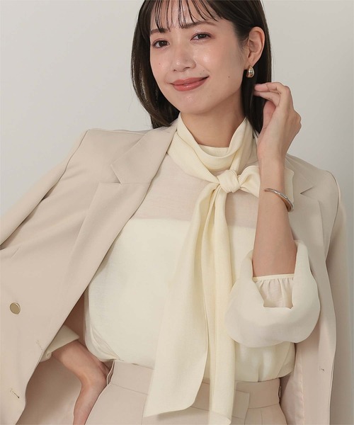 UR'S(ユアーズ)の「ボウタイ付シアーハイネックブラウス(シャツ/ブラウス・レディース・ネイビー/ライトピンク/ホワイト/ベージュ/ストライプ・S/M/L)」の12枚目の写真