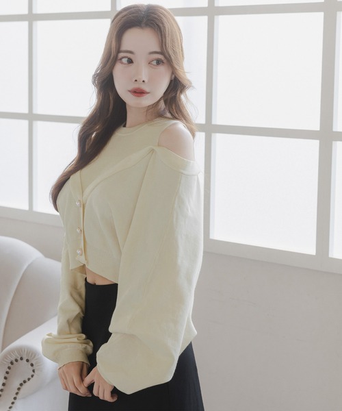 Julia Boutique(ジュリアブティック)の「レイヤード風肩あきニットトップス/23587(ニット/セーター・レディース・ピンク/アイボリー/ブラック・ONE)」の6枚目の写真