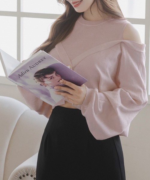 Julia Boutique(ジュリアブティック)の「レイヤード風肩あきニットトップス/23587(ニット/セーター・レディース・ピンク/アイボリー/ブラック・ONE)」の12枚目の写真