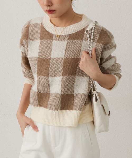 MAISON DE THERESE(メゾン ド テレーズ)の「チェック柄クルーネックニットトップス セーター(ニット/セーター・レディース・ブルー/ブラック/ベージュ・FREE)」の3枚目の写真