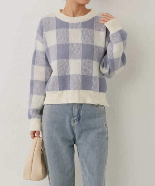MAISON DE THERESE(メゾン ド テレーズ)の「チェック柄クルーネックニットトップス セーター(ニット/セーター・レディース・ブルー/ブラック/ベージュ・FREE)」の6枚目の写真