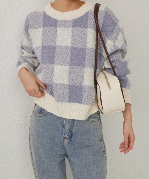 MAISON DE THERESE(メゾン ド テレーズ)の「チェック柄クルーネックニットトップス セーター(ニット/セーター・レディース・ブルー/ブラック/ベージュ・FREE)」の8枚目の写真