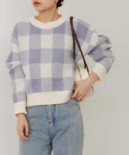 MAISON DE THERESE(メゾン ド テレーズ)の「チェック柄クルーネックニットトップス セーター(ニット/セーター・レディース・ブルー/ブラック/ベージュ・FREE)」の9枚目の写真