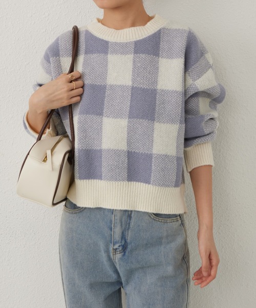 MAISON DE THERESE(メゾン ド テレーズ)の「チェック柄クルーネックニットトップス セーター(ニット/セーター・レディース・ブルー/ブラック/ベージュ・FREE)」の11枚目の写真