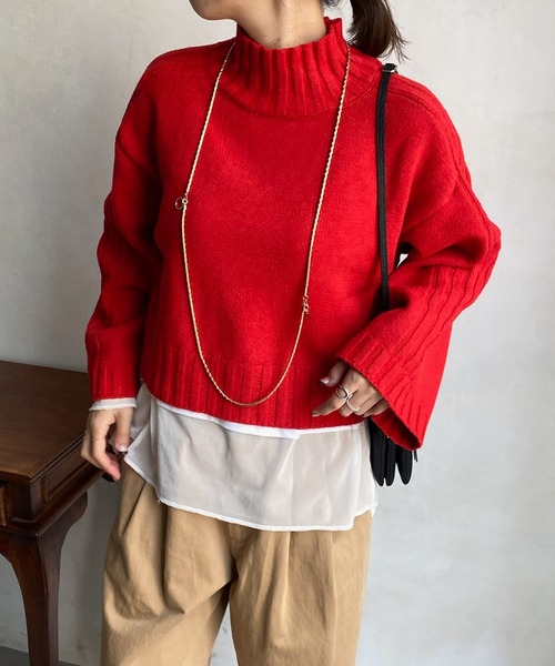 DouDou(ドゥドゥ)の「【WEB限定】ハイネックショートプルオーバー(ニット/セーター・レディース・アイボリー/キャメル/レッド/ブラック・FREE)」の4枚目の写真