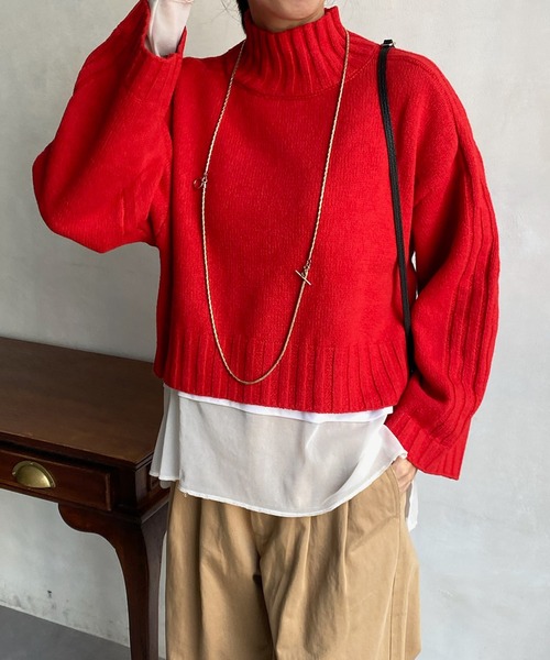 DouDou(ドゥドゥ)の「【WEB限定】ハイネックショートプルオーバー(ニット/セーター・レディース・アイボリー/キャメル/レッド/ブラック・FREE)」の12枚目の写真