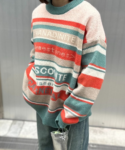 mi via loca（ミヴィアロカ）の「マルチボーダーロゴ BIGジャガードニット（ニット/セーター・レディース・ネイビー系/オレンジ系・FREE）」の15枚目の写真