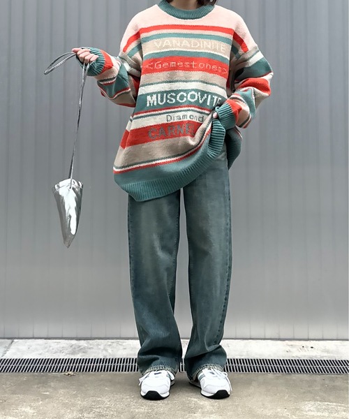 mi via loca（ミヴィアロカ）の「マルチボーダーロゴ BIGジャガードニット（ニット/セーター・レディース・ネイビー系/オレンジ系・FREE）」の20枚目の写真