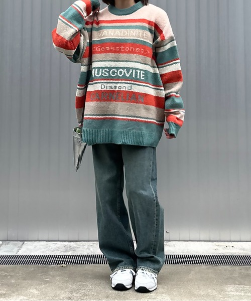 mi via loca（ミヴィアロカ）の「マルチボーダーロゴ BIGジャガードニット（ニット/セーター・レディース・ネイビー系/オレンジ系・FREE）」の21枚目の写真