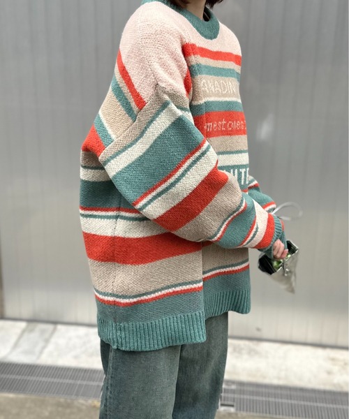 mi via loca（ミヴィアロカ）の「マルチボーダーロゴ BIGジャガードニット（ニット/セーター・レディース・ネイビー系/オレンジ系・FREE）」の17枚目の写真