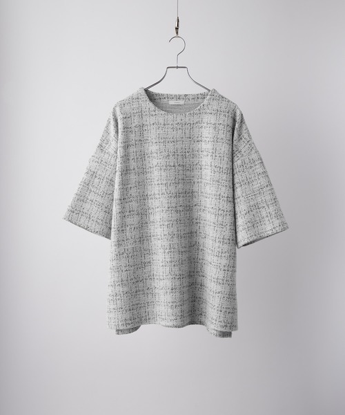 cussil（クシル）の「【cussil/クシル】メランジツイードタッチボーダーハーフスリーブＴシャツ（Tシャツ/カットソー・メンズ・ホワイト/ブラック・L/M/S）」の7枚目の写真