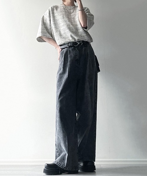 cussil（クシル）の「【cussil/クシル】メランジツイードタッチボーダーハーフスリーブＴシャツ（Tシャツ/カットソー・メンズ・ホワイト/ブラック・L/M/S）」の15枚目の写真