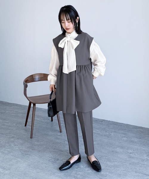ペプラムベストパンツSET グレー セール】ペプラムベスト×テーパードパンツ2点セット（スーツセット