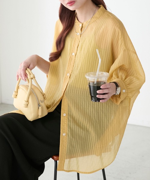 BONLECILL（ボンルシール）の「シアーストライプボリュームスリーブバンドカラー半袖シャツ（シャツ/ブラウス・レディース・ピンク/ブルー/ブラック/アイボリー/イエロー/ネイビー/レッド/グレイッシュブルー/オレンジ・FREE）」の13枚目の写真