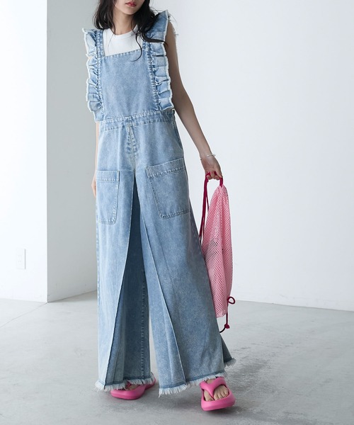 forksy.（フォルクシー）の「【forksy.】デニムフリルワイドサロペット