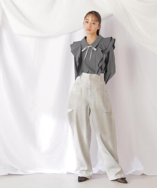 JILL by JILL STUART(ジルバイジルスチュアート)の「◇リボンツキラッフルブラウス(シャツ/ブラウス・レディース・グレー系その他/ホワイト・FREE)」の5枚目の写真