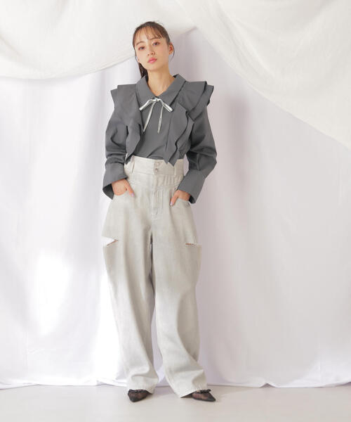 JILL by JILL STUART(ジルバイジルスチュアート)の「◇リボンツキラッフルブラウス(シャツ/ブラウス・レディース・グレー系その他/ホワイト・FREE)」の6枚目の写真