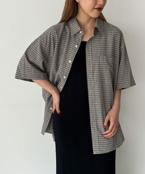 CANAL JEAN(キャナルジーン)の「choice_cnl ギンガムチェックオーバー半袖シャツ(シャツ/ブラウス・レディース・ブラック/ベージュ・ONE SIZE)」の7枚目の写真