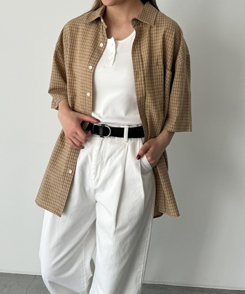 CANAL JEAN(キャナルジーン)の「choice_cnl ギンガムチェックオーバー半袖シャツ(シャツ/ブラウス・レディース・ブラック/ベージュ・ONE SIZE)」の10枚目の写真