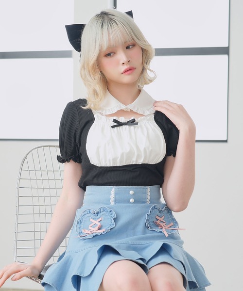 DearMyLoveRose（ディアマイラブローズ）の「襟付きリボンヨークカットトップス（Tシャツ/カットソー・レディース・ライトグレー/ベビーピンク/ブラック・MEDIUM/LARGE/LL/3L）」の2枚目の写真
