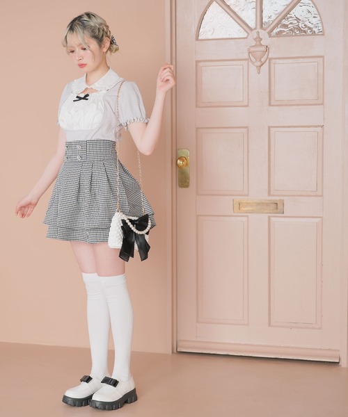 襟付きリボンヨークカットトップス（Tシャツ/カットソー