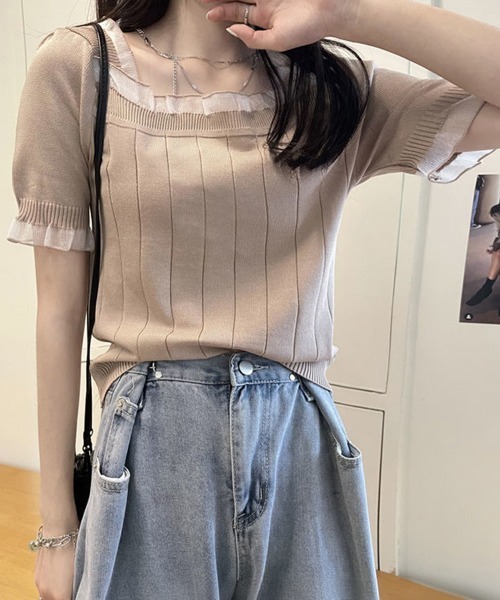Miniministore(ミニミニストア)の「スクエアネック サマーニット レース付き(ニット/セーター・レディース・ブラック/ピンクベージュ/ホワイト・FREE)」の3枚目の写真