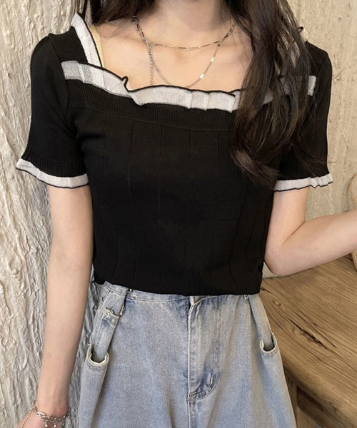 Miniministore(ミニミニストア)の「スクエアネック サマーニット レース付き(ニット/セーター・レディース・ブラック/ピンクベージュ/ホワイト・FREE)」の2枚目の写真